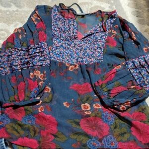 Daniel Raim Floral Print Boho Peasant Blouse Top Blue Pink Green M